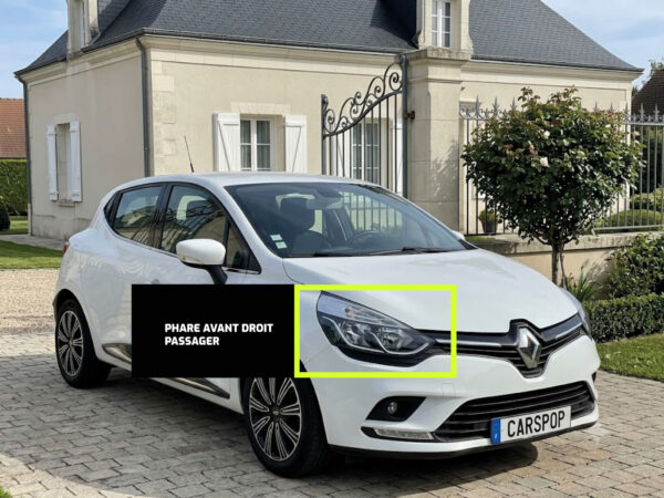 Vue sur le phare avant droit d'une clio 4 blanche