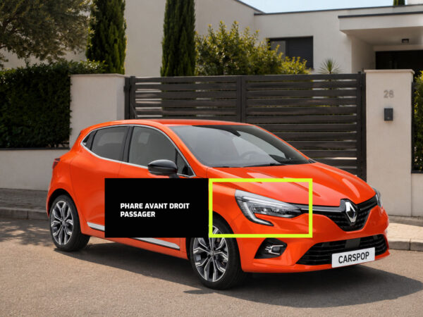 Clio 5 finition iconique avec un focus sur un phare avant droit passager